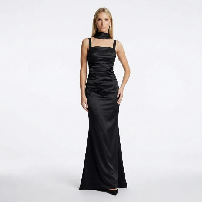 Satin maxi dress for wedding guests – fitted bodice and sleek full-length silhouette