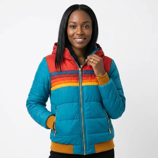 Retro colorblock puffer jacket back view with navy body and striped chest