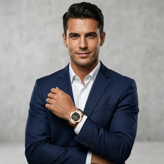 Vintage-style men's wristwatch with blue dial and leather strap, styled view