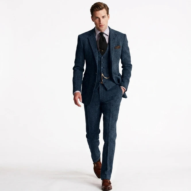 Men's tweed three-piece suit, structured jacket and trousers, back view