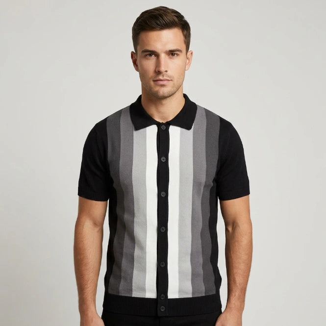 Men's short-sleeve striped knit polo in black and gray, front view