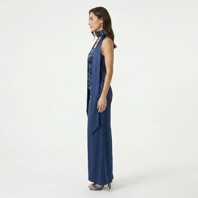 Women's satin formal maxi dress – back view showing spaghetti strap and flowing skirt