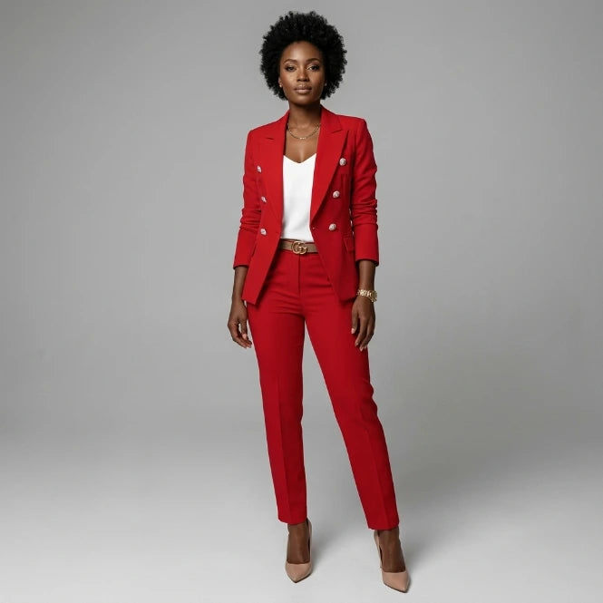 Women's two-piece blazer suit with straight-leg pants, business formal