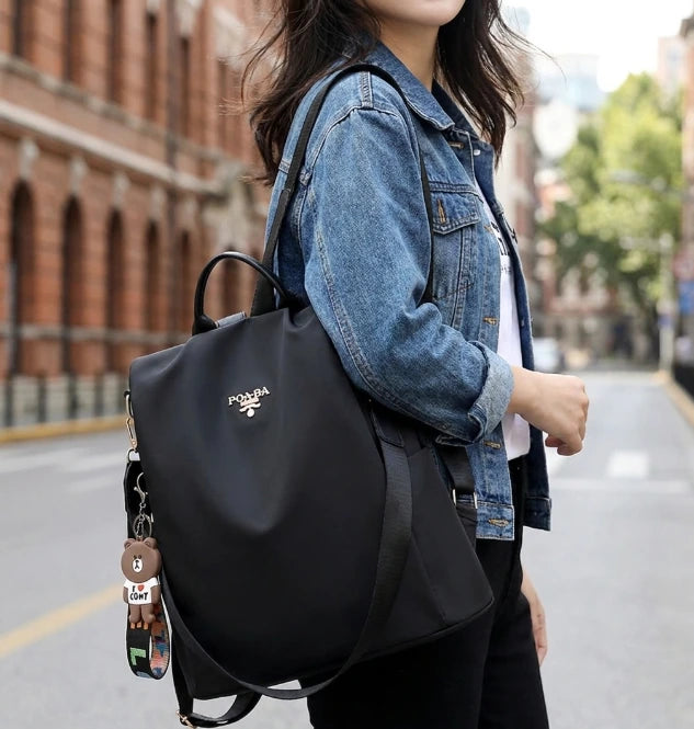 Top ring handle and slim padded shoulder straps detail