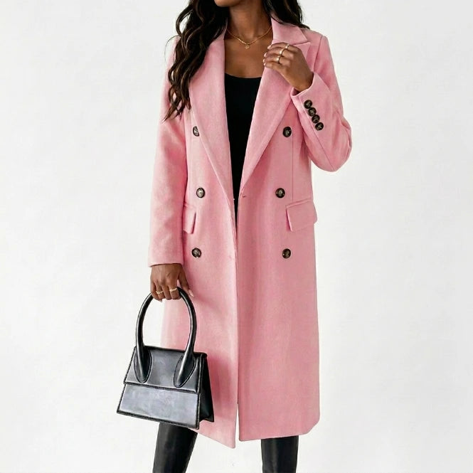 Women's long trench coat, beige, side view showing silhouette and length