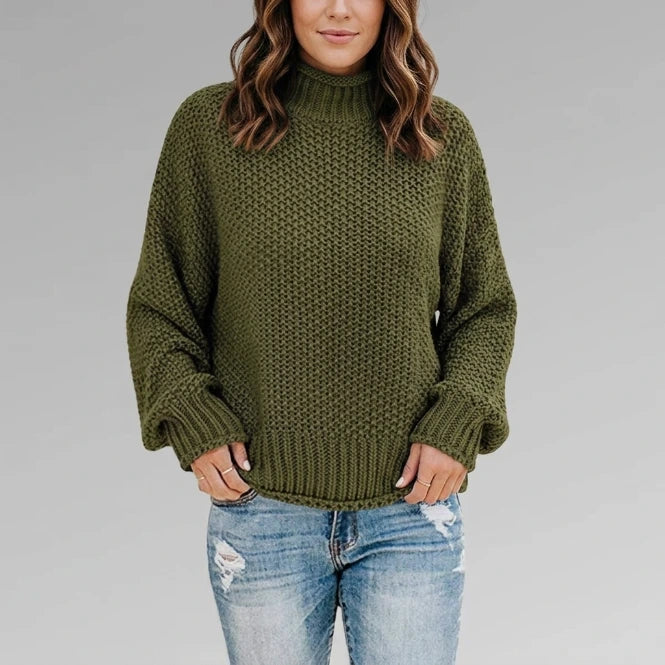 Women's chunky knit mock-neck sweater — relaxed oversized fit, cream