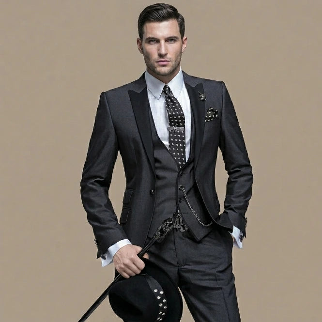 Men's 3-piece suit, slim fit, charcoal with black lapels and decorative vest chain