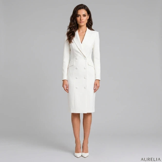 Women's double-breasted midi blazer dress, front view on model