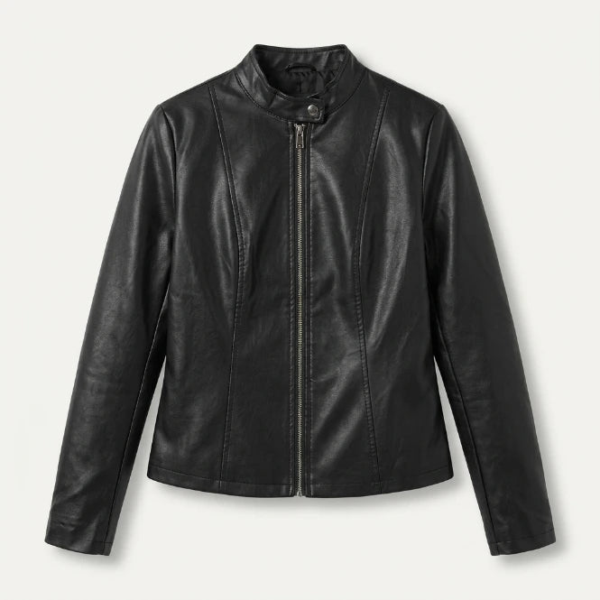 Black faux leather jacket zip closure and stand collar detail
