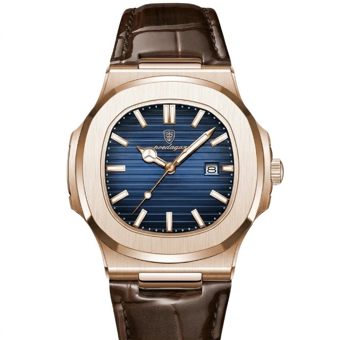 Men's octagonal analog watch with blue dial and brown crocodile-emboss leather strap, front view
