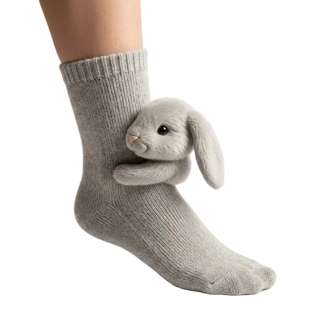 Gray ribbed animal crew sock with 3D bunny character at ankle, flat lay