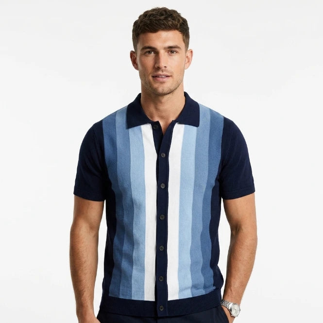 Men's short-sleeve striped knit polo in navy and blue, front view