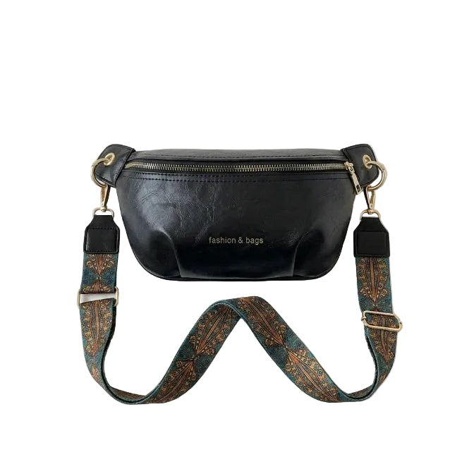 Black faux leather belt bag with embroidered strap and gold-tone hardware, flat lay