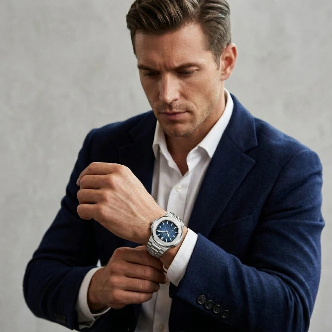 Square-cushion case blue dial date window close-up men's luxury watch