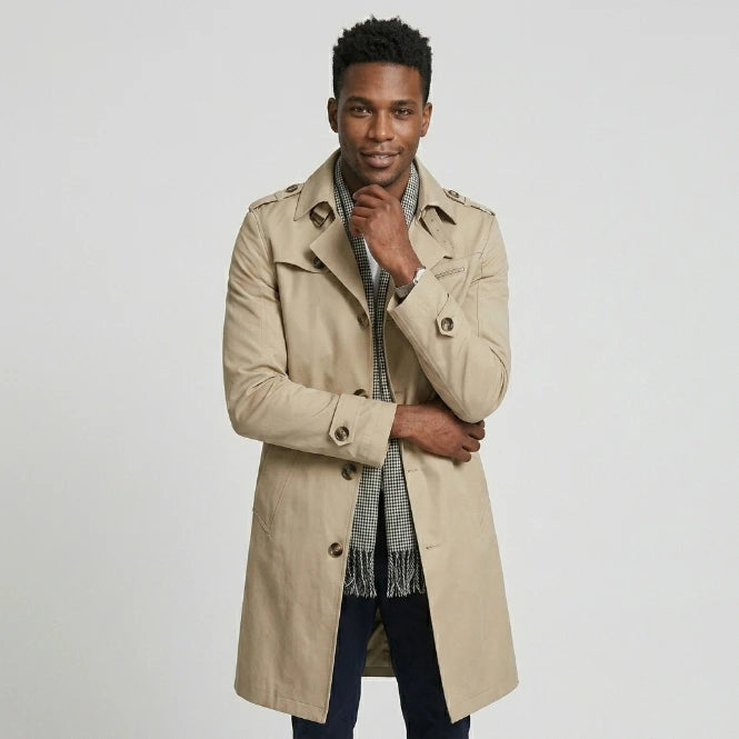 Men's double-breasted trench coat flat lay, full length view