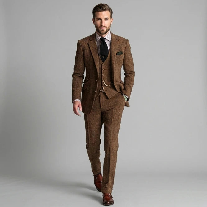 Men's tweed three-piece suit in brown, structured slim fit, front view