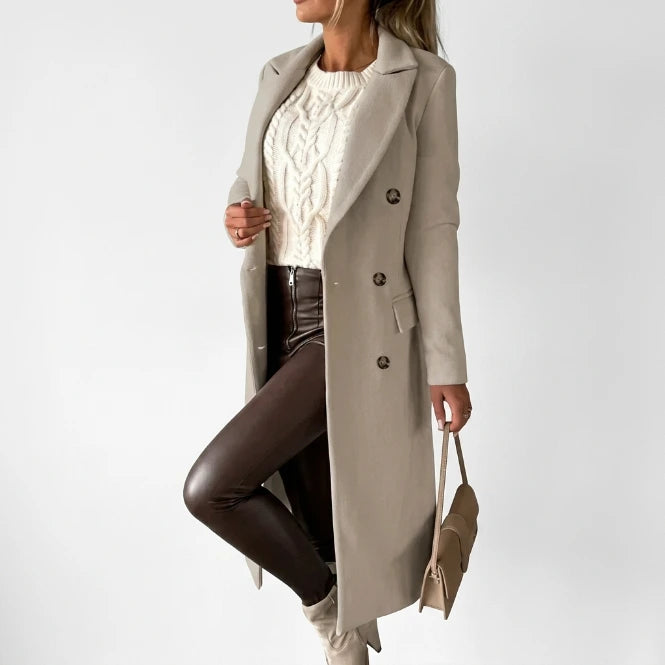 Double-breasted long coat with flap pockets, gray, front view