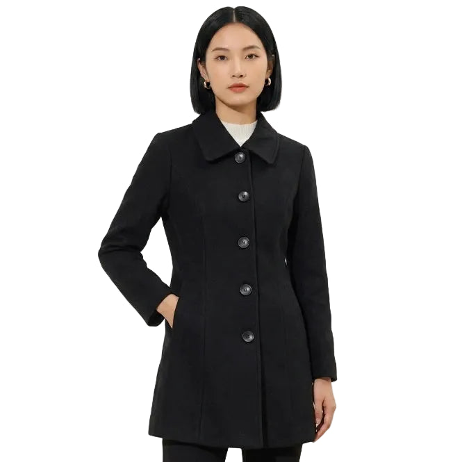 Flat lay of women's single-breasted pea coat in dark green