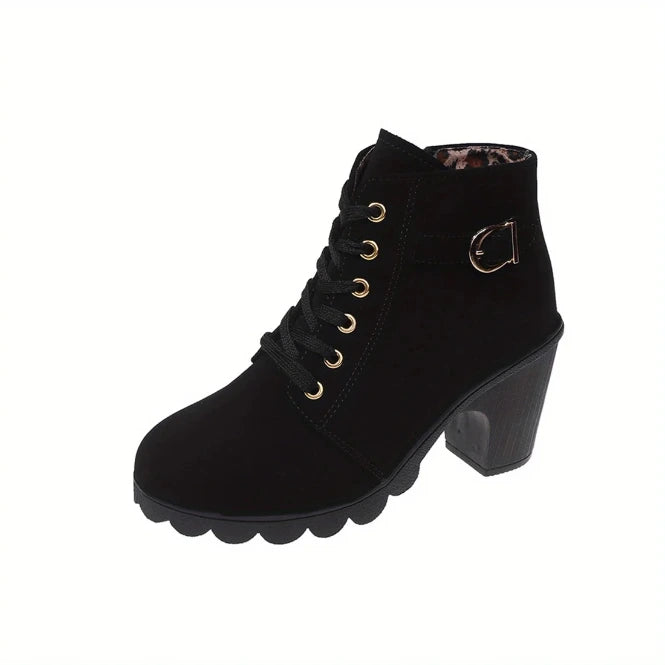Women's lace-up ankle boots with chunky block heel, black