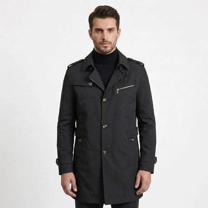 Men's double-breasted trench coat, notch lapels, gold buttons, front view