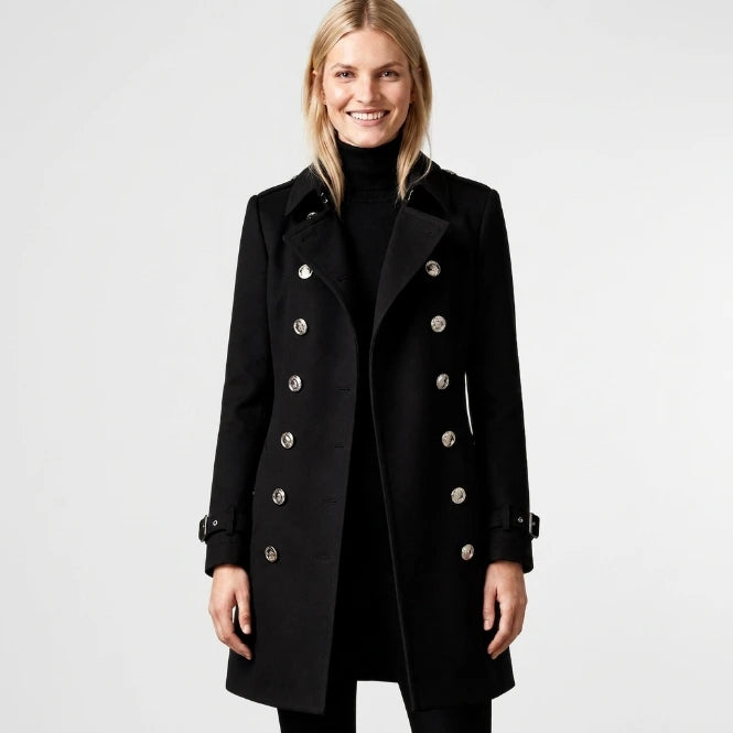 Double-breasted trench coat silver-tone buttons front view
