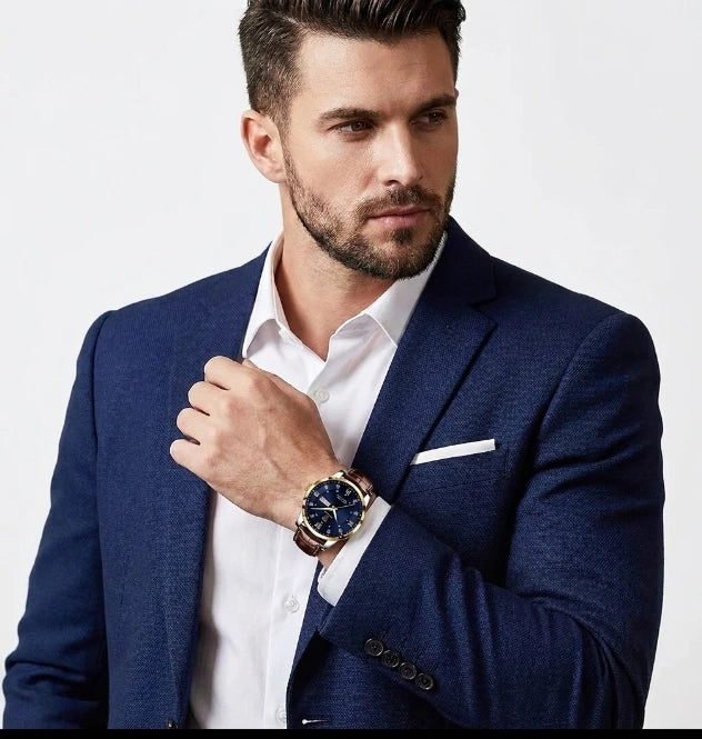 Men's waterproof luminous watch, gold bezel with blue dial variant