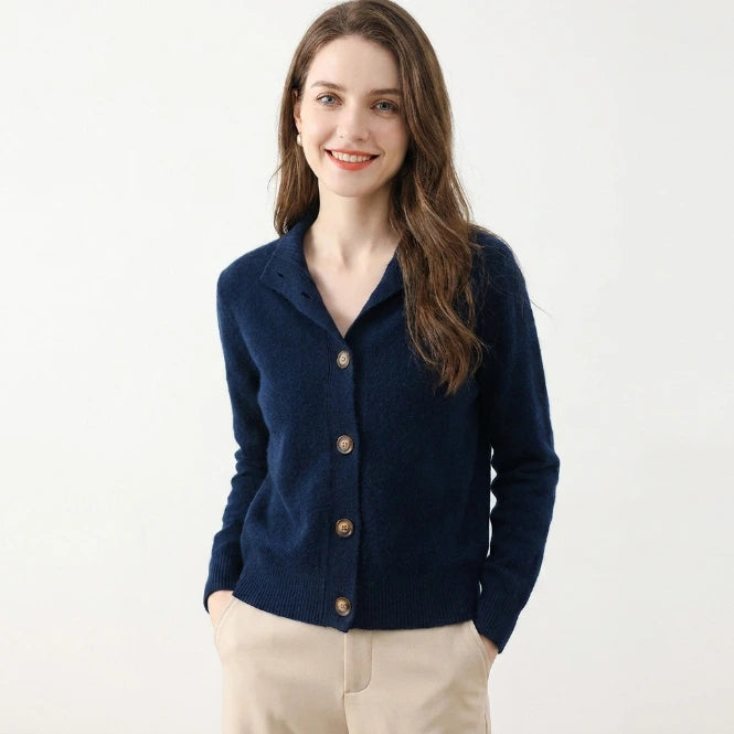 Women's relaxed-fit button cardigan in navy blue with decorative button placket, front view