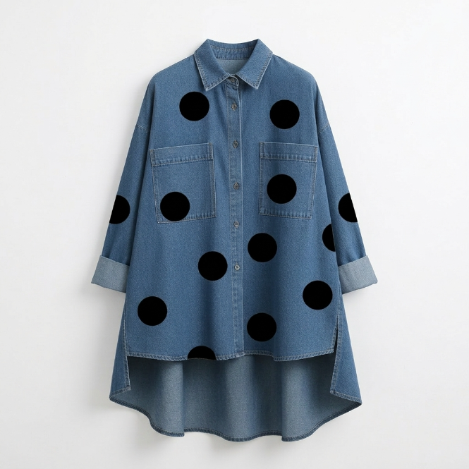 Polka dot button-up shirt with loose fit and high-low hemline, front view