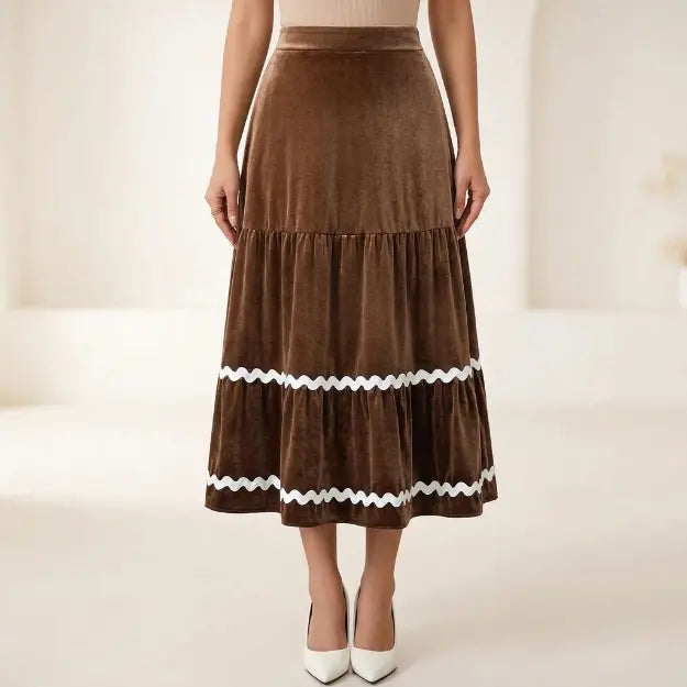 Brown velvet tiered midi skirt – front view on model