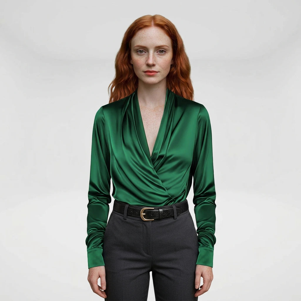 Women's wrap blouse long sleeve green, studio front with belt