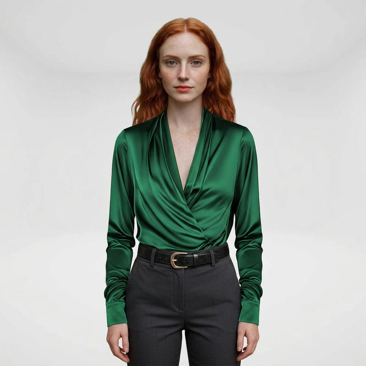 Women's wrap blouse long sleeve green, studio front with belt