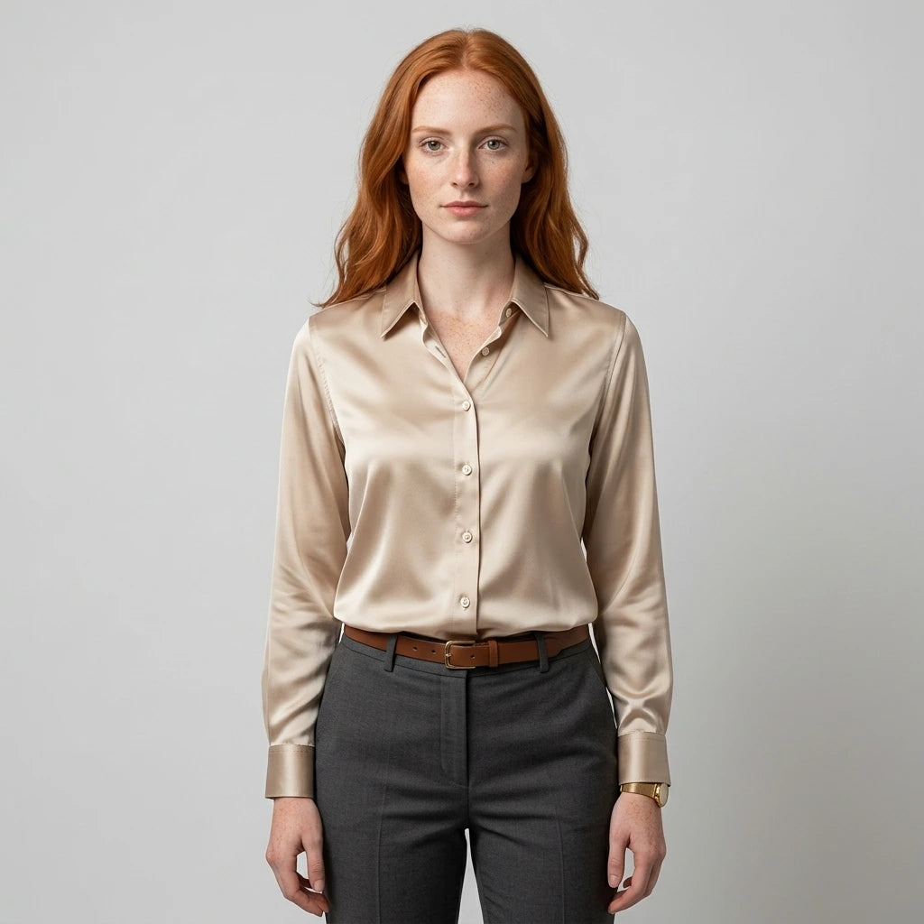 Women's brown satin blouse, model side view