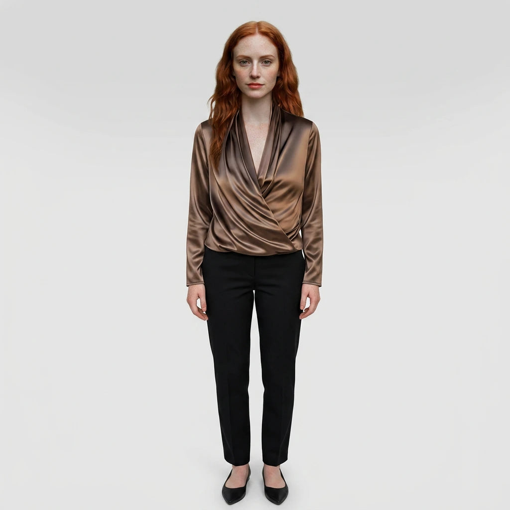 Women's wrap blouse long sleeve V-neck olive brown, studio front