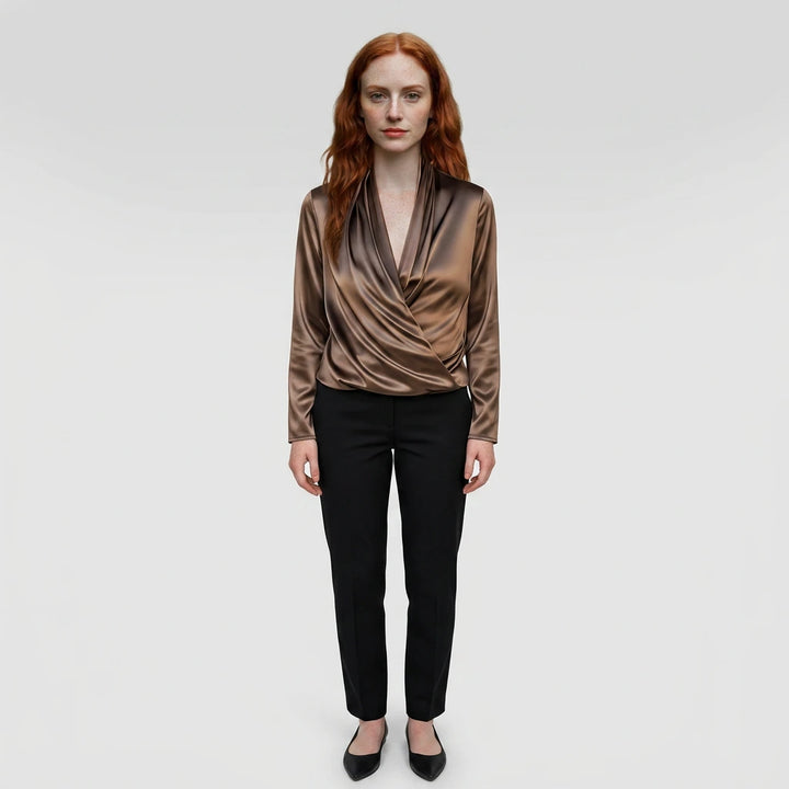 Women's wrap blouse long sleeve V-neck olive brown, studio front
