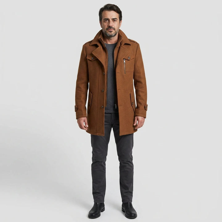 Man wearing brown men's winter overcoat — front view, full length