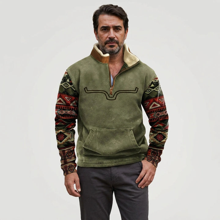 Men's quarter-zip pullover with Aztec printed sleeves, front model view