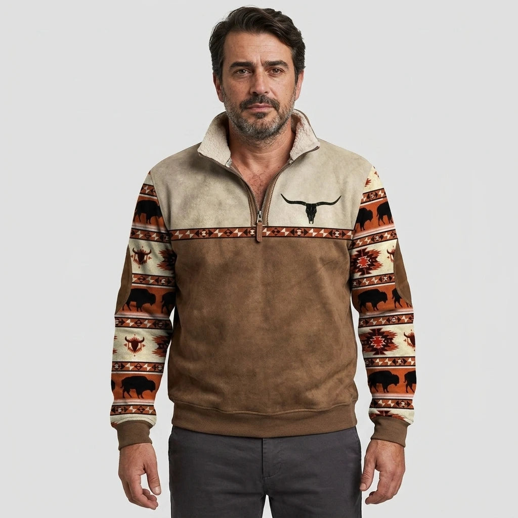 Men's two-tone brown pullover with Western bison print sleeves, front view
