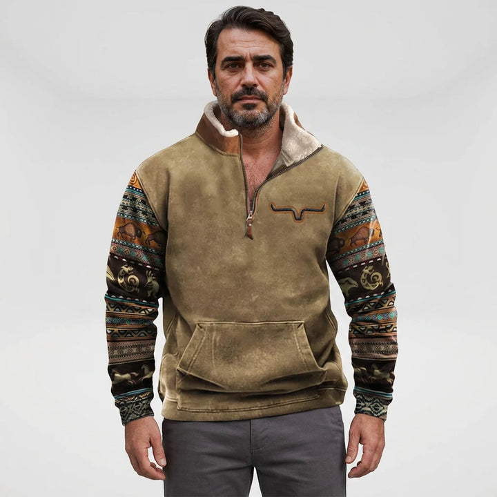 Men's khaki pullover with Western printed sleeves and sherpa collar, front view