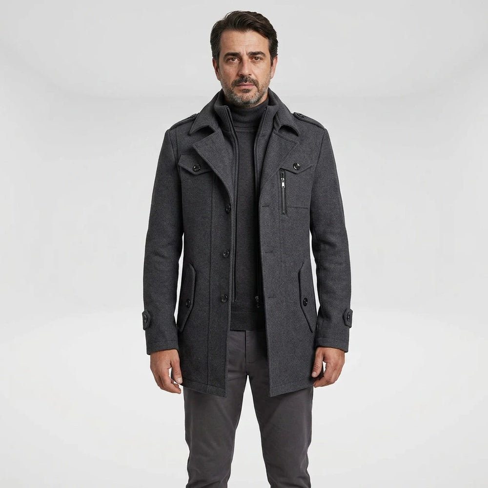 Man wearing gray men's winter overcoat — front view, mid-thigh length