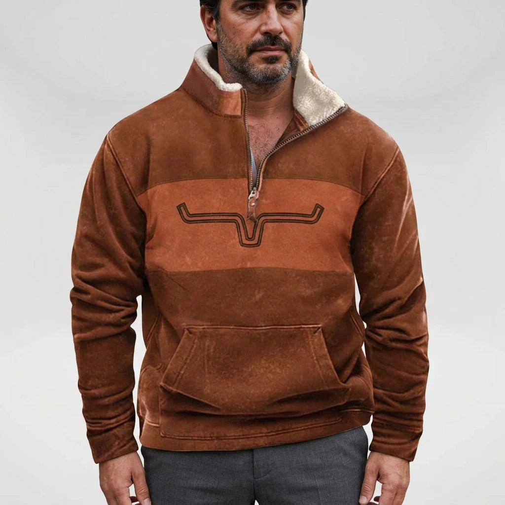Men's dark brown pullover with two-tone stripe and embroidered longhorn, front view