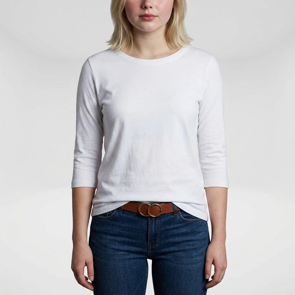 Women's white 3/4 sleeve crew neck top, relaxed fit, front view