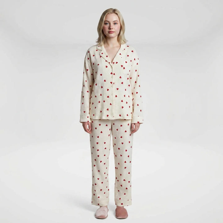 Women's Pajama Set | Long Sleeve Button-Down with Heart Print