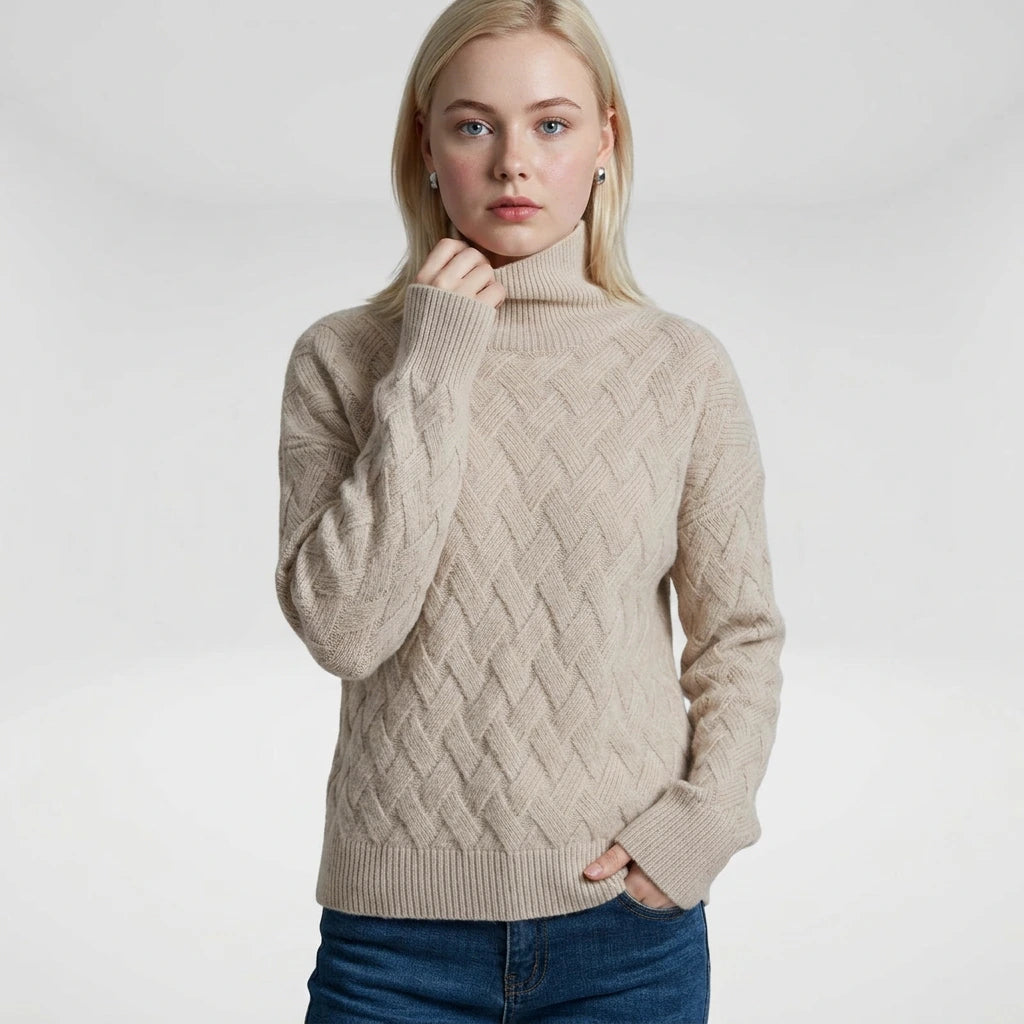 Women's turtleneck sweater in beige, relaxed fit, long sleeve — front view
