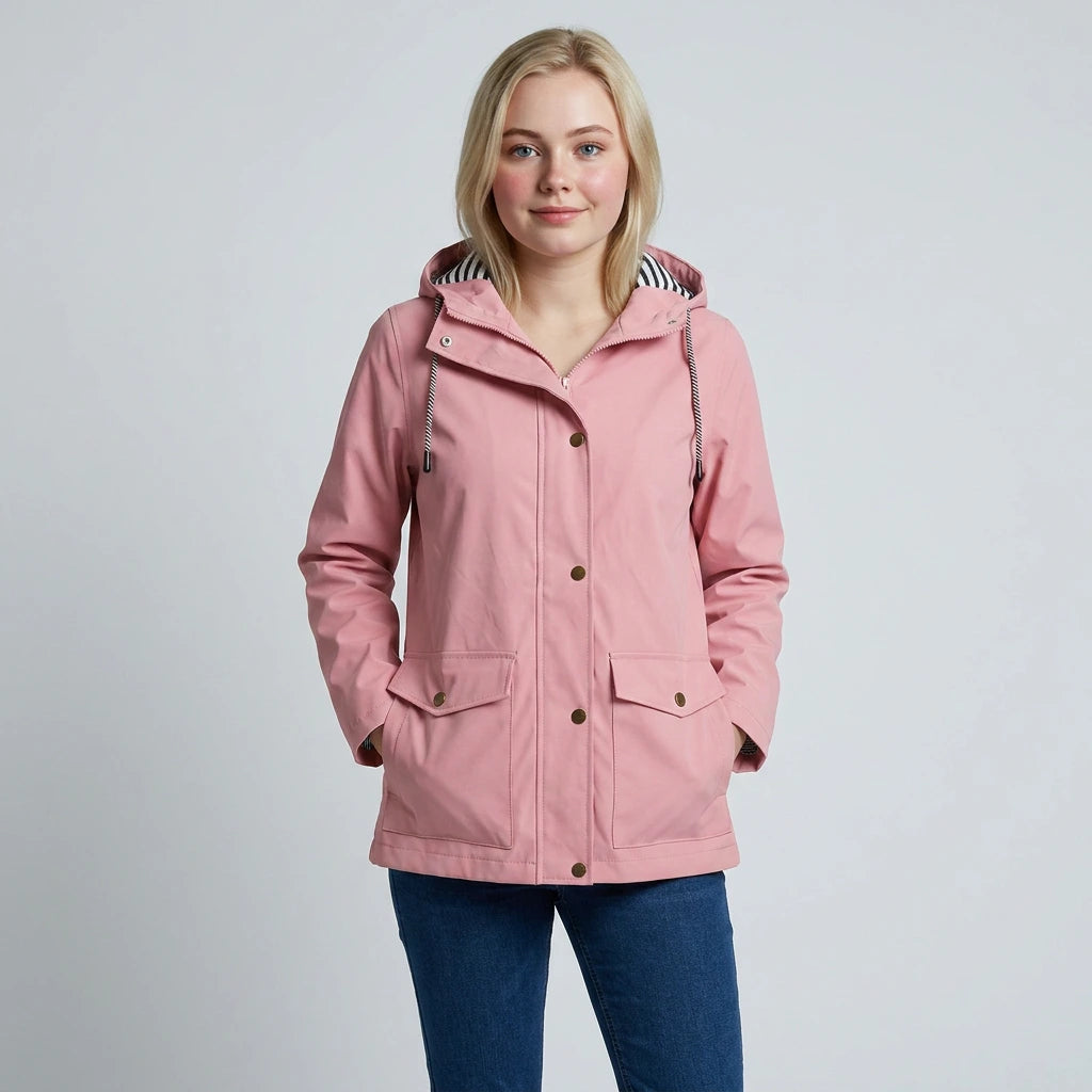 Women's insulated waterproof jacket in pink with color-block panels and zip pockets, front view