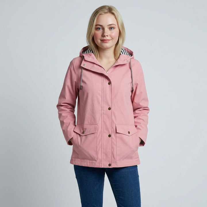 Women's insulated waterproof jacket in pink with color-block panels and zip pockets, front view