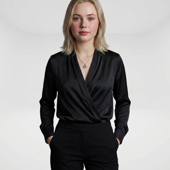 Women's wrap blouse long sleeve V-neck black, studio front