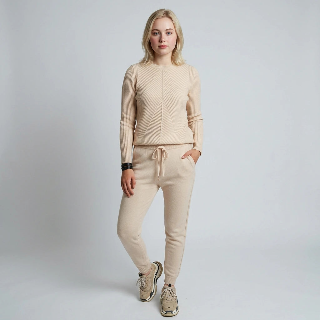 Model showcasing the women's coordinated knit lounge set
