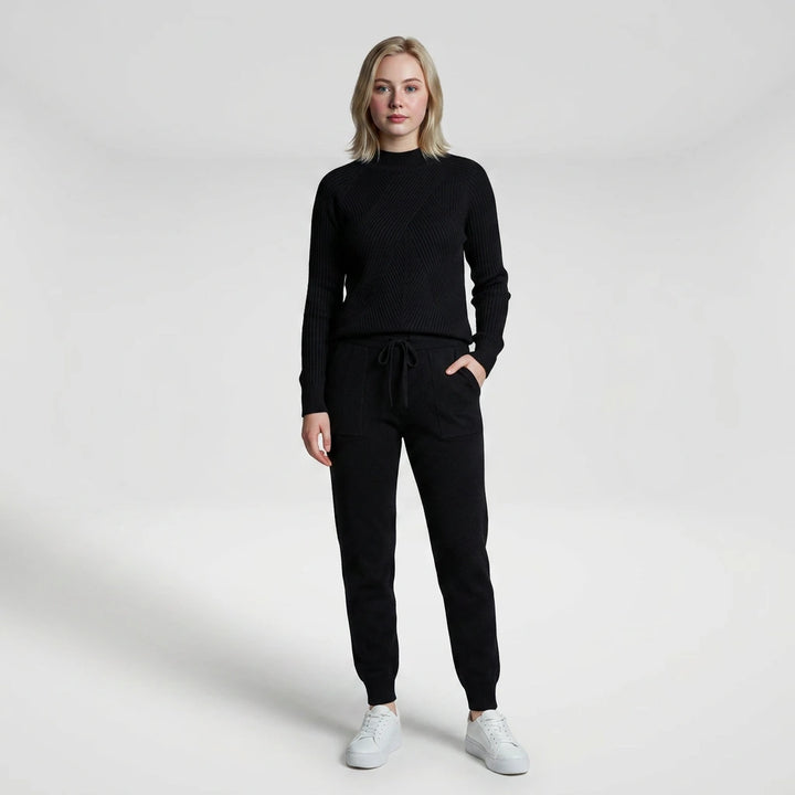 Model wearing the knit lounge set, full-length front view