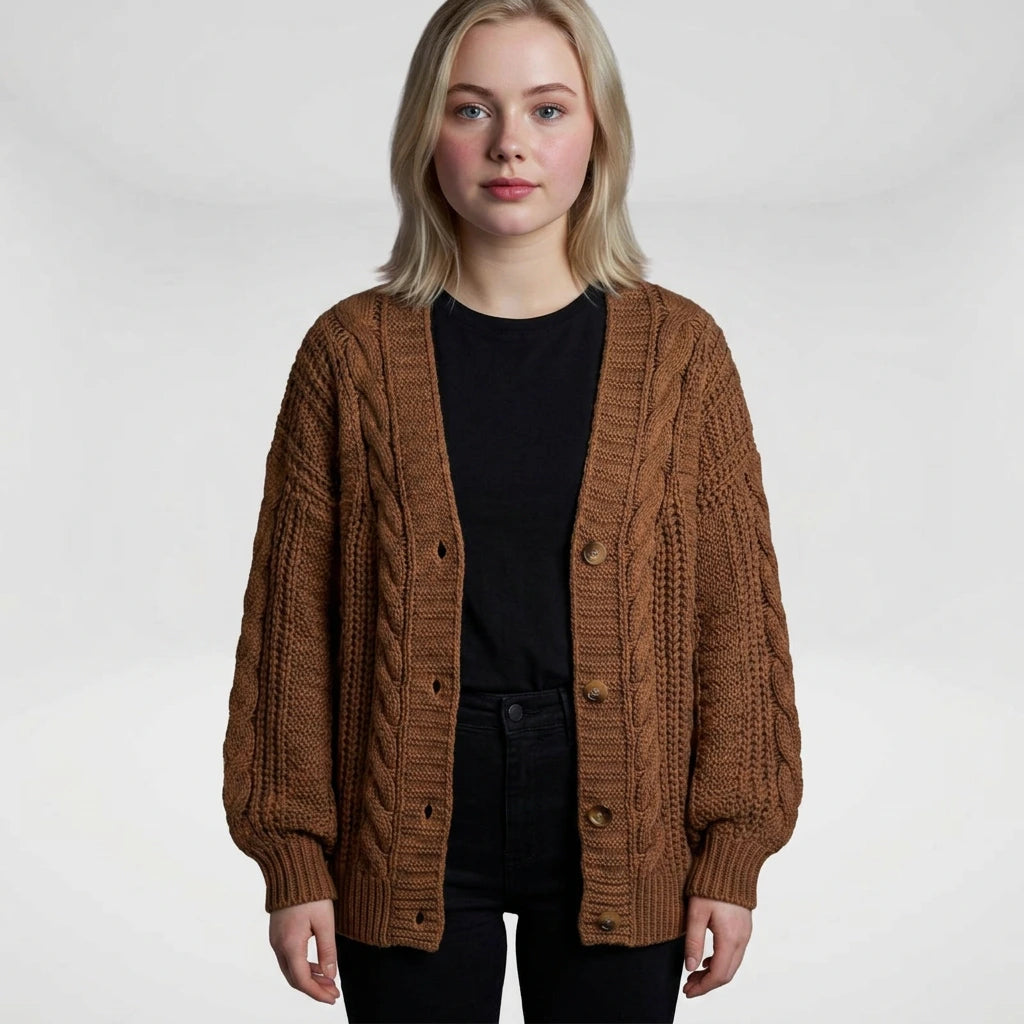 Women's oversized cable knit cardigan with button front, model front view