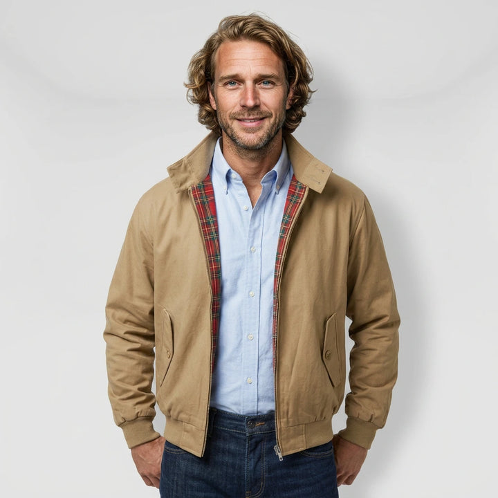 Men's Harrington jacket beige side view relaxed fit
